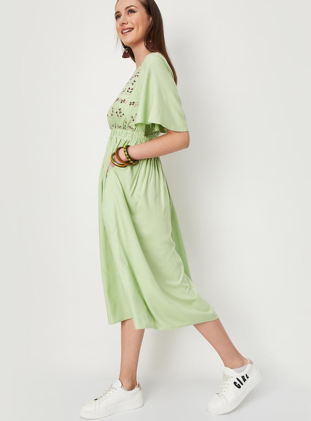Women Embroidered Flutter Sleeve Dress