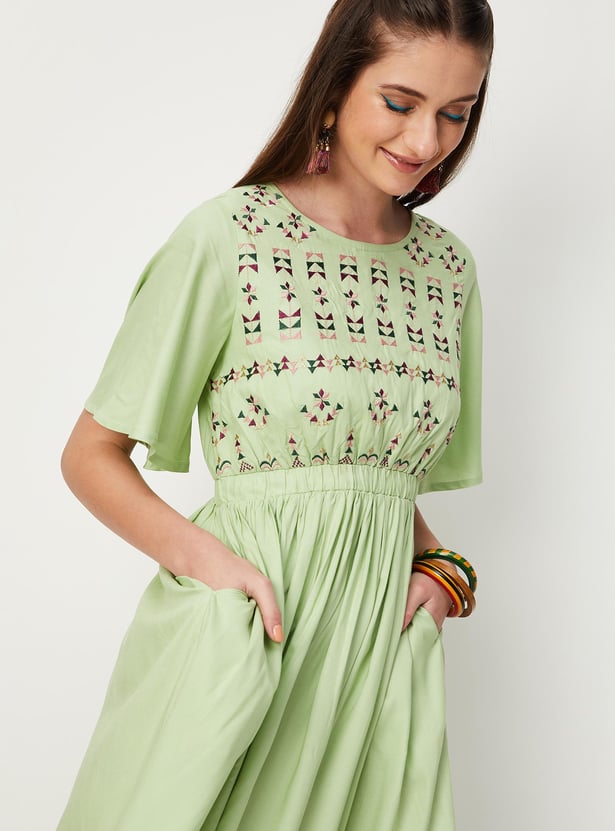 Women Embroidered Flutter Sleeve Dress
