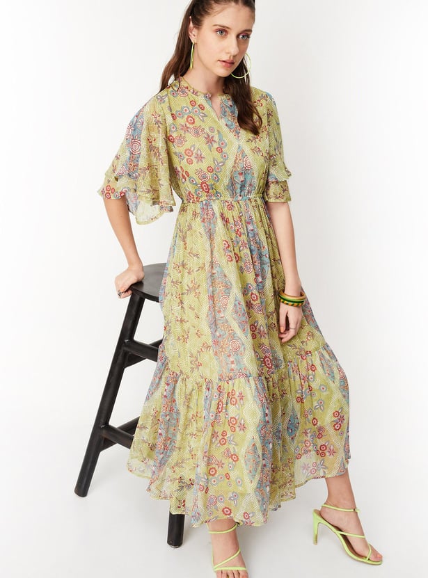 Women Printed Bell Sleeves Tiered Maxi Dress