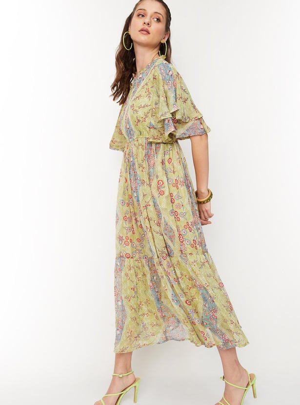 Women Printed Bell Sleeves Tiered Maxi Dress
