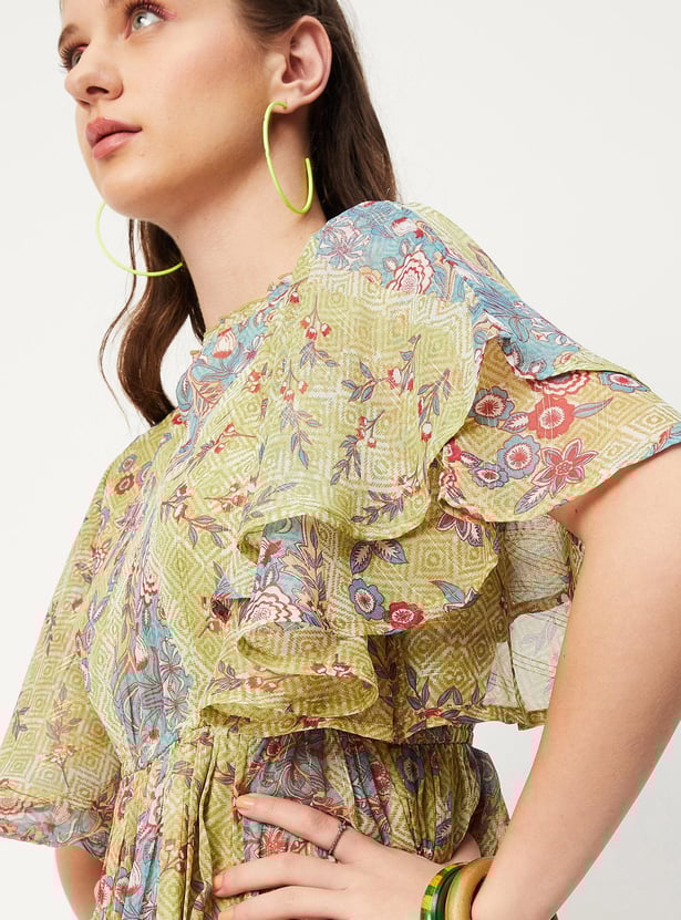Women Printed Bell Sleeves Tiered Maxi Dress