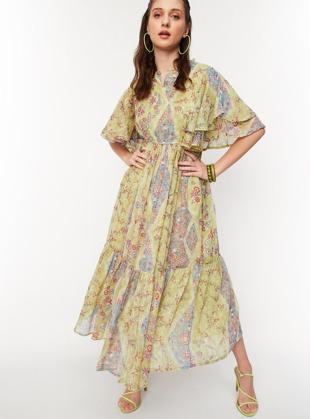 Women Printed Bell Sleeves Tiered Maxi Dress