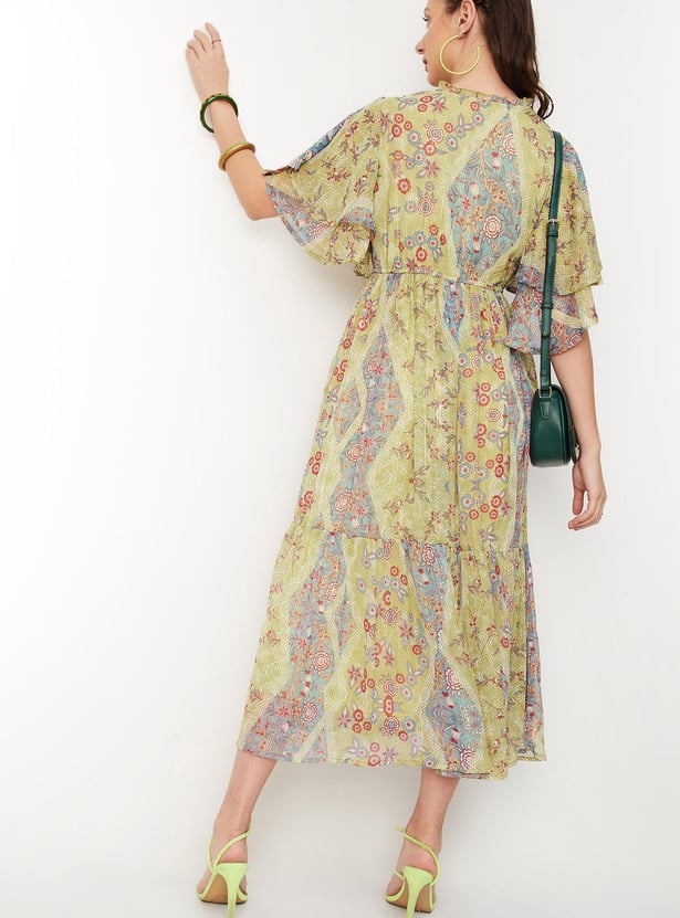 Women Printed Bell Sleeves Tiered Maxi Dress