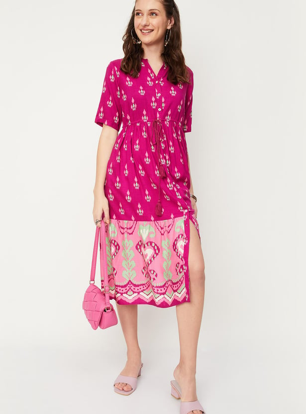 Women Placement Border Printed Button Down A-line Dress