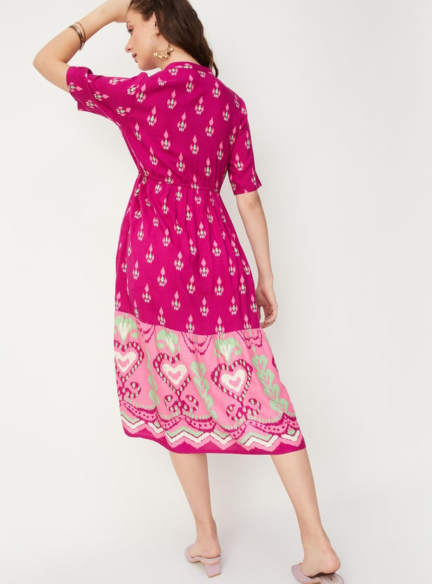 Women Placement Border Printed Button Down A-line Dress