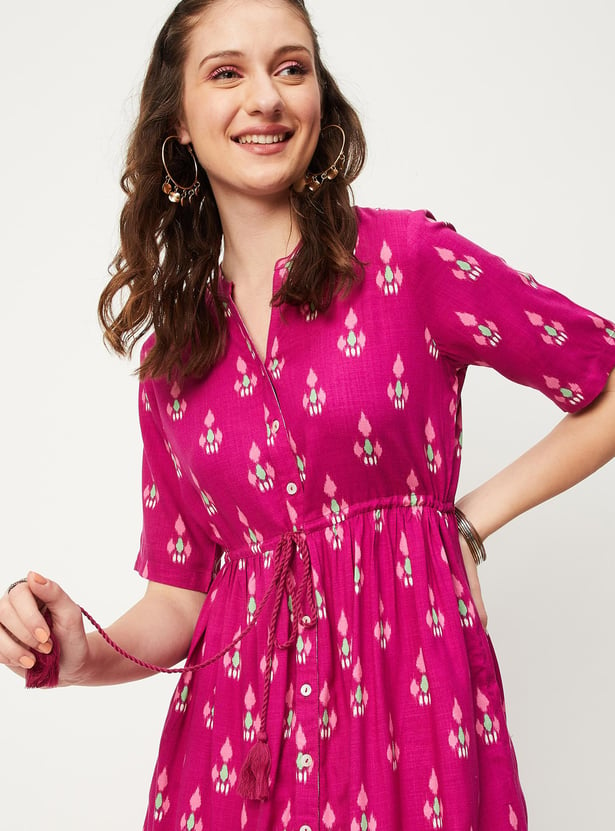 Women Placement Border Printed Button Down A-line Dress