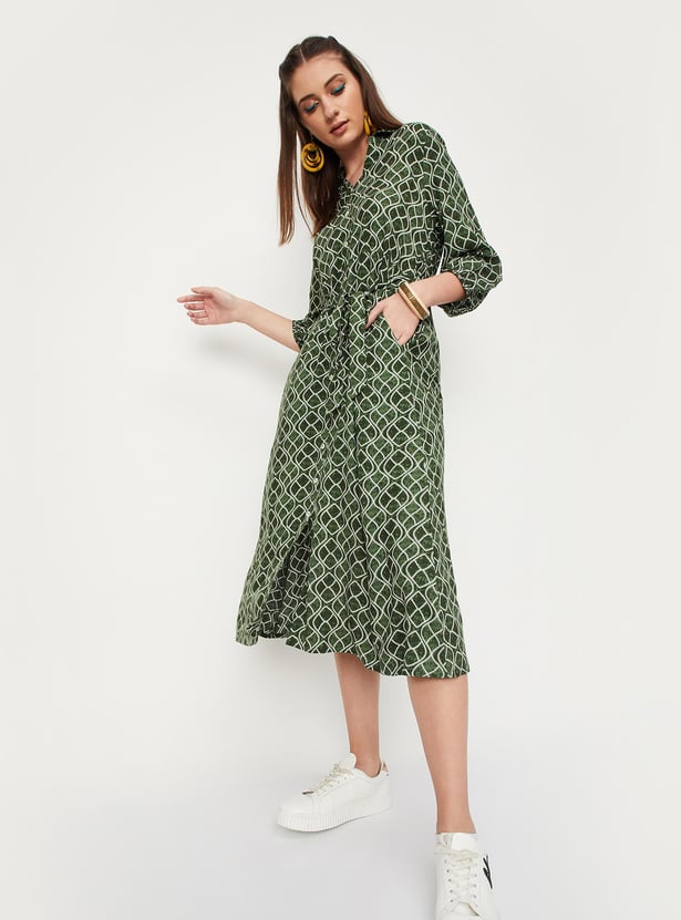 Women Printed Melon Sleeve Shirt Dress