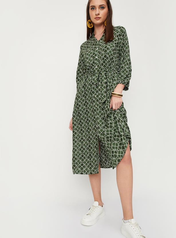 Women Printed Melon Sleeve Shirt Dress