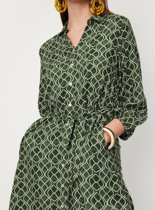 Women Printed Melon Sleeve Shirt Dress