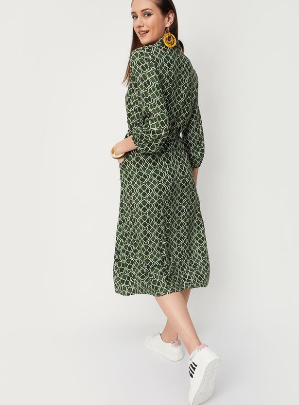 Women Printed Melon Sleeve Shirt Dress