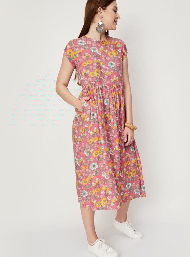 Women Floral Printed Cap Sleeves A-line Dress