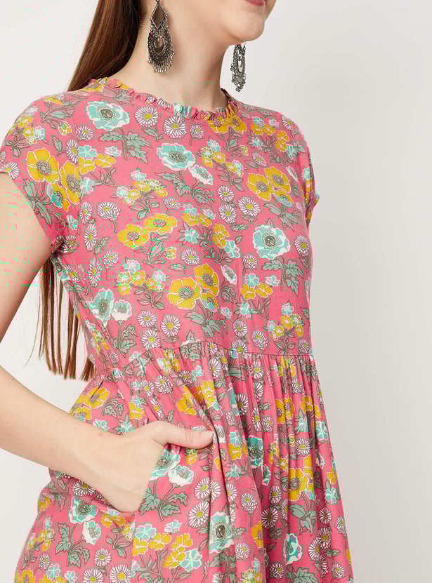Women Floral Printed Cap Sleeves A-line Dress