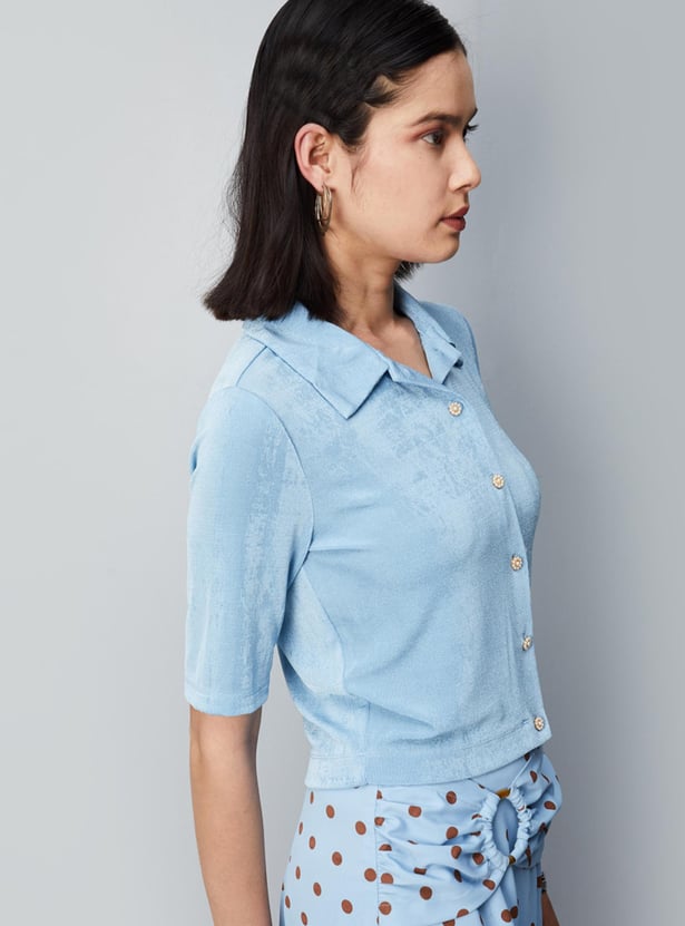Women Embellished Button Shimmer Blouse