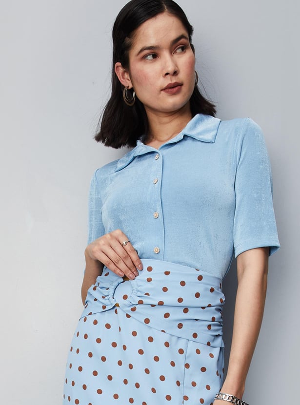 Women Embellished Button Shimmer Blouse