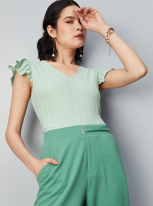 Women Striped Ruffled Sleeve Top