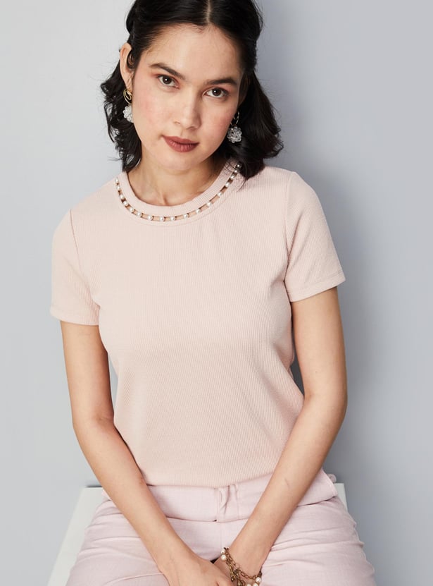 Women Pearl Embellished Neck Knit Top