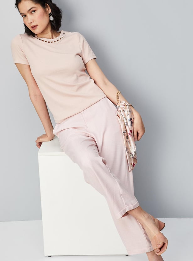 Women Pearl Embellished Neck Knit Top