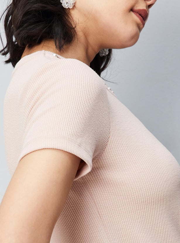 Women Pearl Embellished Neck Knit Top