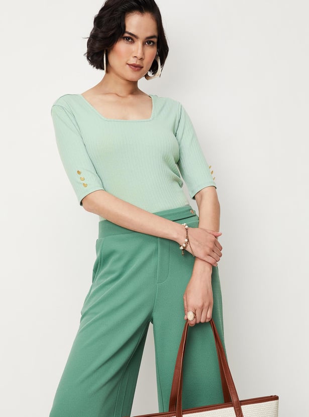 Women Rib Knit Square Neck Top