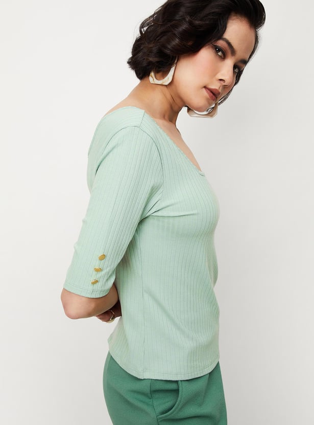 Women Rib Knit Square Neck Top