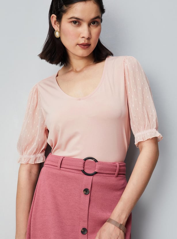 Women Solid Top with Dobby Sleeves