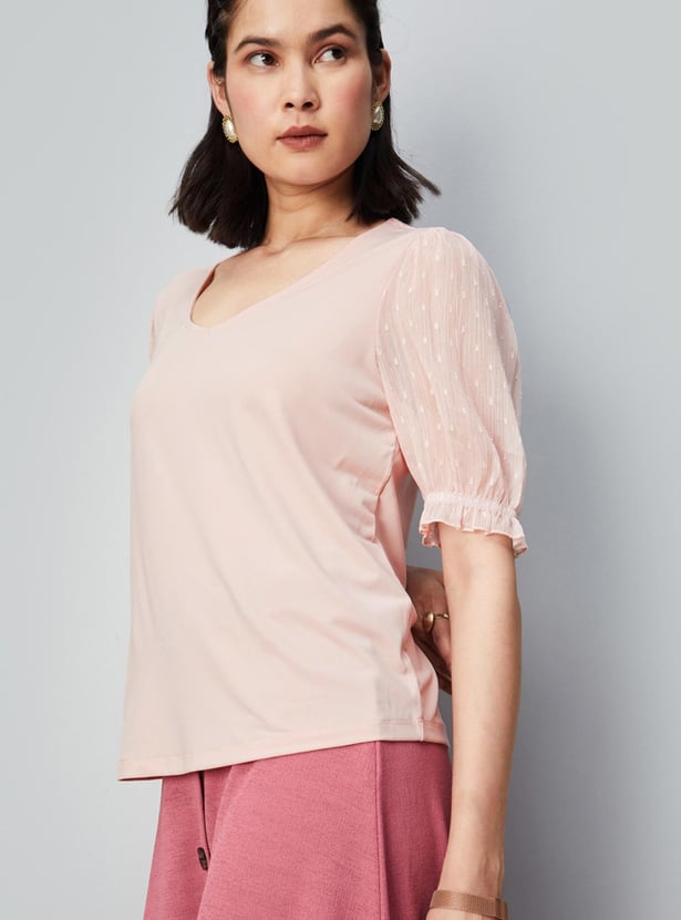 Women Solid Top with Dobby Sleeves