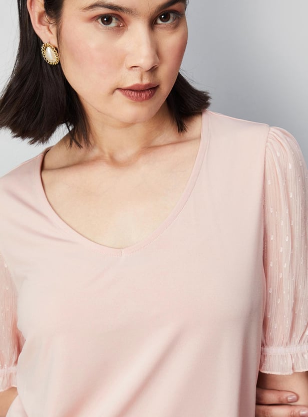 Women Solid Top with Dobby Sleeves