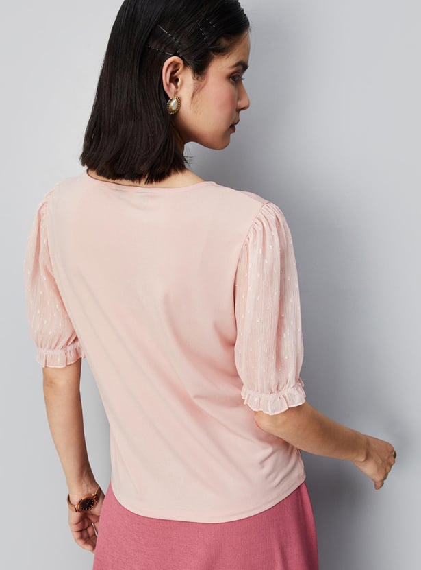 Women Solid Top with Dobby Sleeves