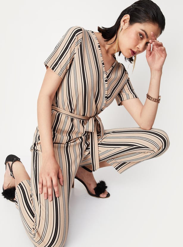 Women Striped Knit Wrap Jumpsuit