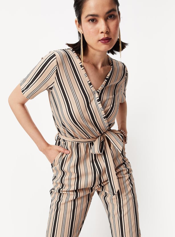 Women Striped Knit Wrap Jumpsuit