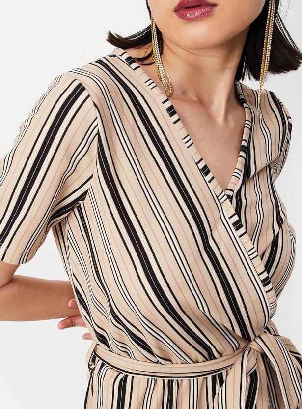 Women Striped Knit Wrap Jumpsuit