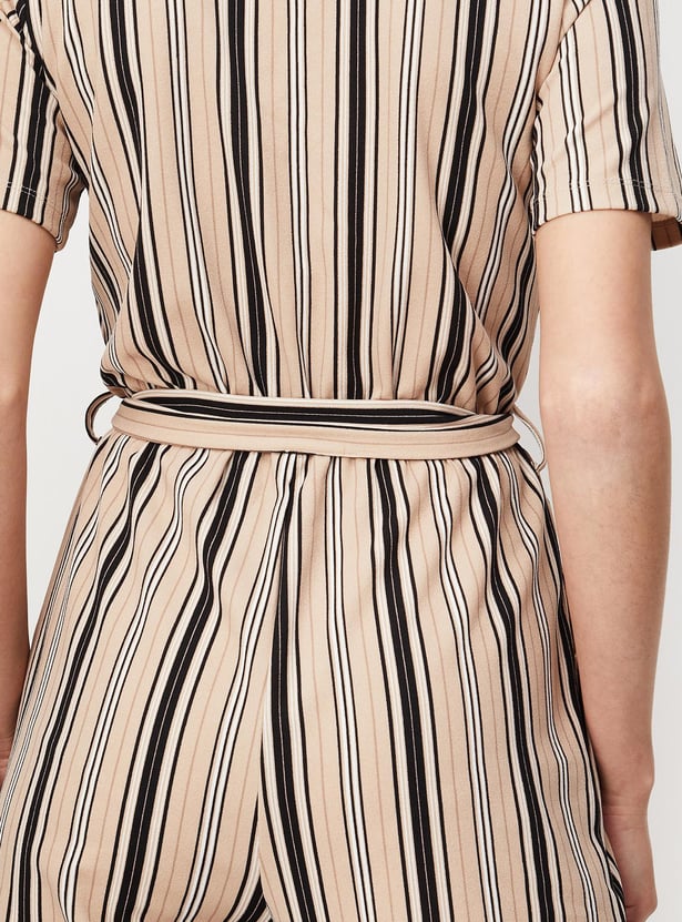 Women Striped Knit Wrap Jumpsuit