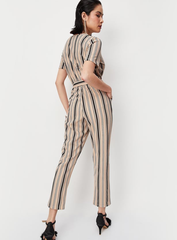 Women Striped Knit Wrap Jumpsuit
