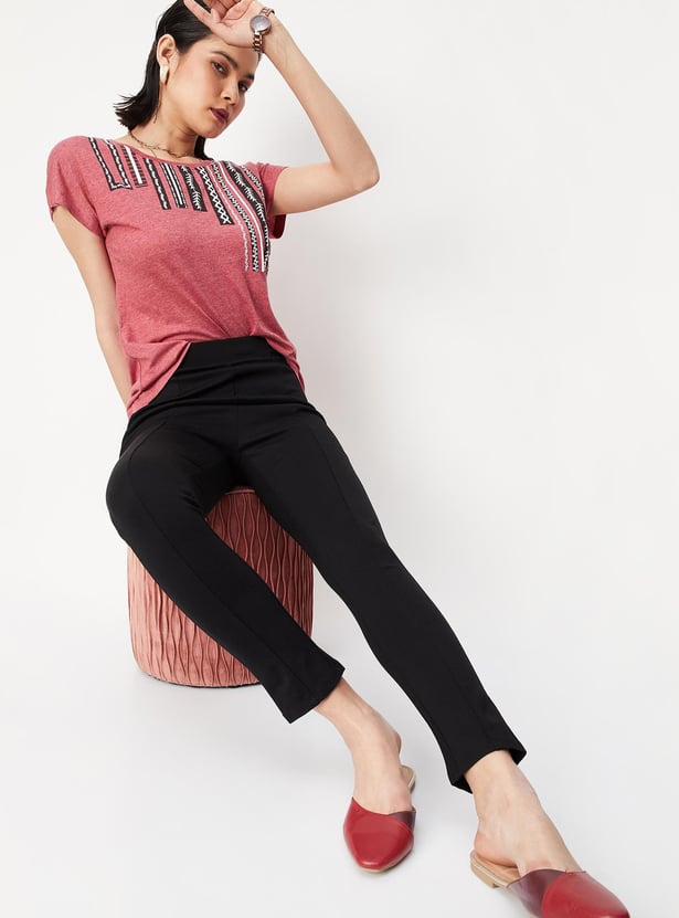 Women Solid Ponte D-Ring Trousers