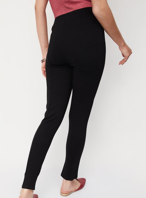Women Solid Ponte D-Ring Trousers