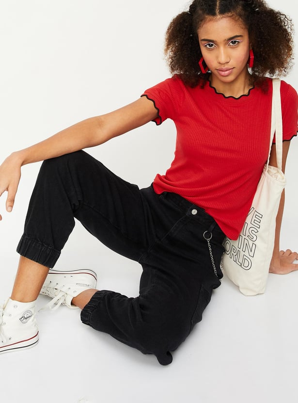Buy Women Ribbed T-shirt with Scalloped Tipping Online at just Rs