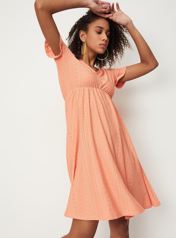 Women Schiffli Knit Fit and Flare Dress