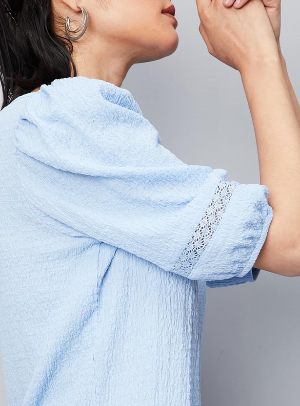 Women Textured Knit Top with Puffed Sleeves