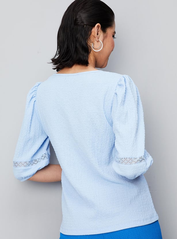 Women Textured Knit Top with Puffed Sleeves