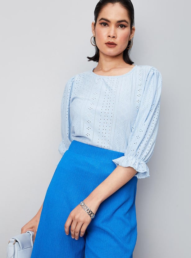 Women Schiffli Round Neck Knit Top