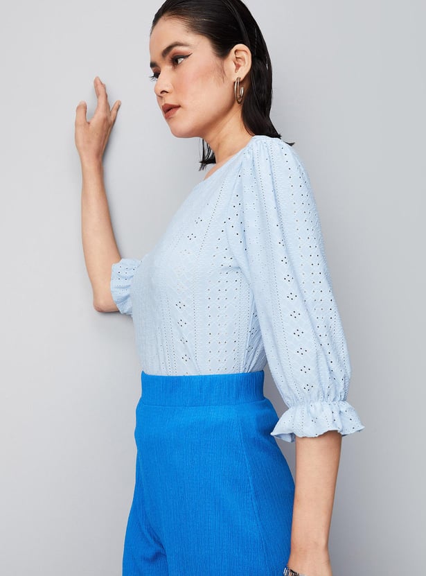Women Schiffli Round Neck Knit Top