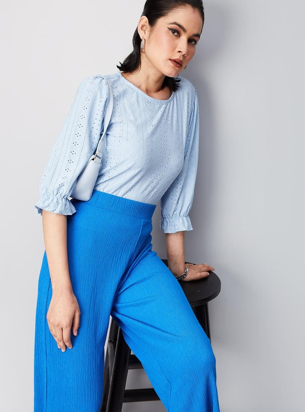 Women Schiffli Round Neck Knit Top