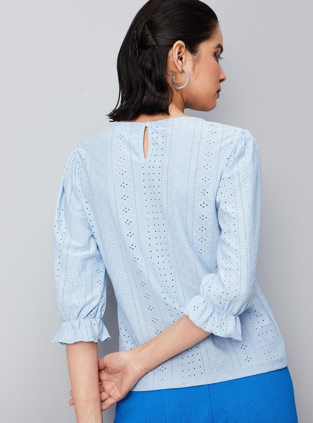 Women Schiffli Round Neck Knit Top