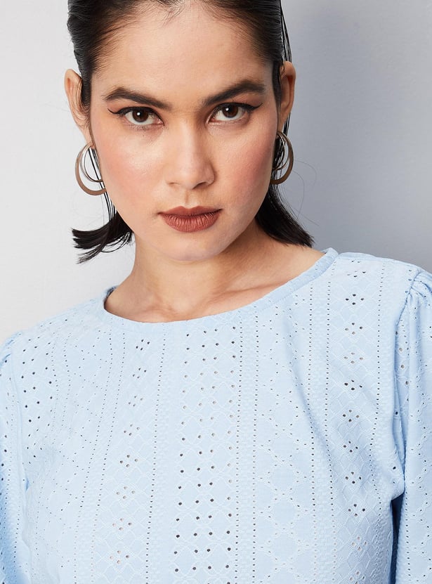 Women Schiffli Round Neck Knit Top
