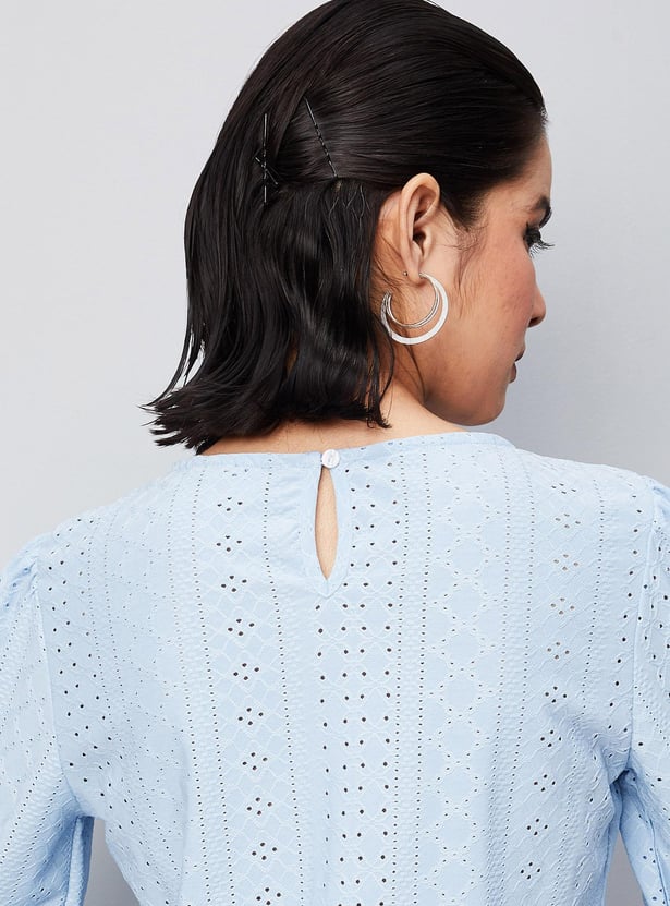 Women Schiffli Round Neck Knit Top