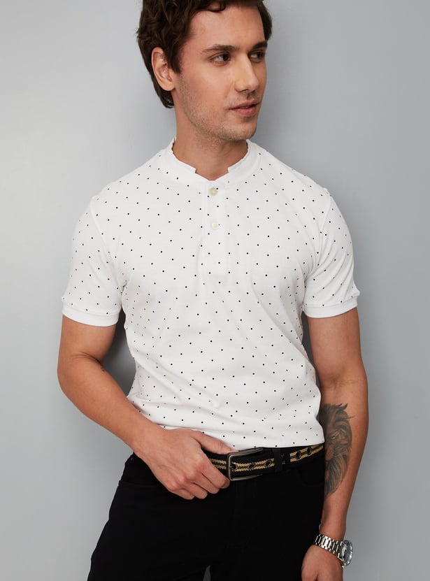 Men Printed Slim Fit Band Collar Polo T-shirt