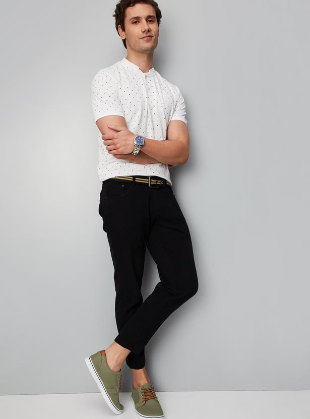 Men Printed Slim Fit Band Collar Polo T-shirt