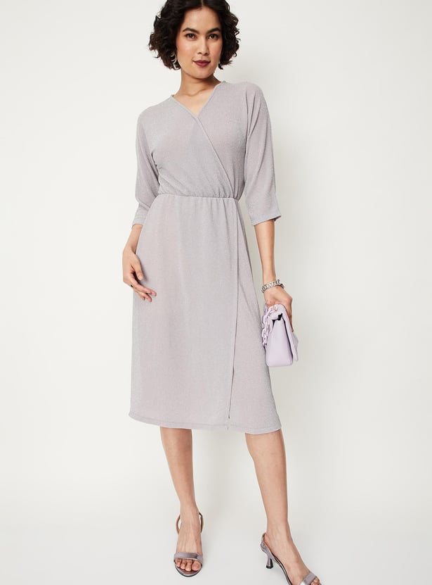 Women Textured V-Neck Wrap Dress