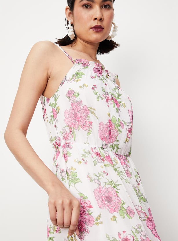 Girls Blue Floral Printed Strappy Dress