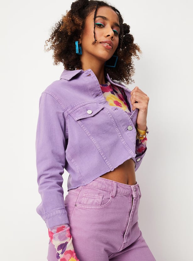 Women Solid Denim Cropped Jacket